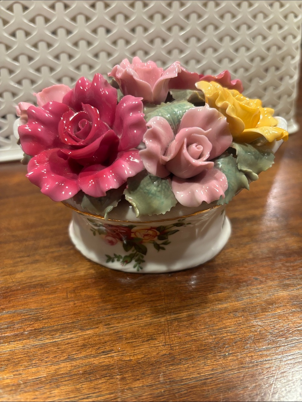 Royal Albert Porcelain Floral Music Box with Pink and Yellow Roses